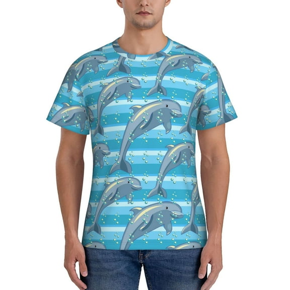 Yiaed Dolphin Print Mens Short Sleeve Tight Fit T-Shirt, Crewneck Casual Tee-Large