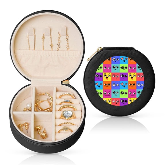 Yiaed Doodle Faces Emotions Print Travel Jewelry Case Bridesmaid Gift Boxes Jewelry Travel Organizer Small Round Jewelry Box Mini Storage-Black