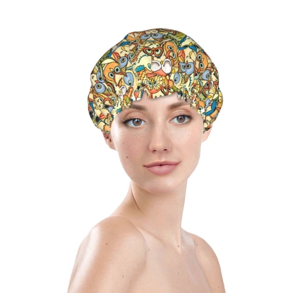 Yiaed Doodle Owls Print Reusable Shower Cap & Bath Cap & Lined, Oversized Waterproof Shower Caps Designed for all Hair Lengths