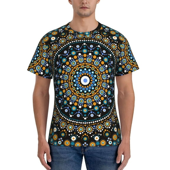 Yiaed Dot Mandala Print Mens Short Sleeve Tight Fit T-Shirt, Crewneck Casual Tee-Medium