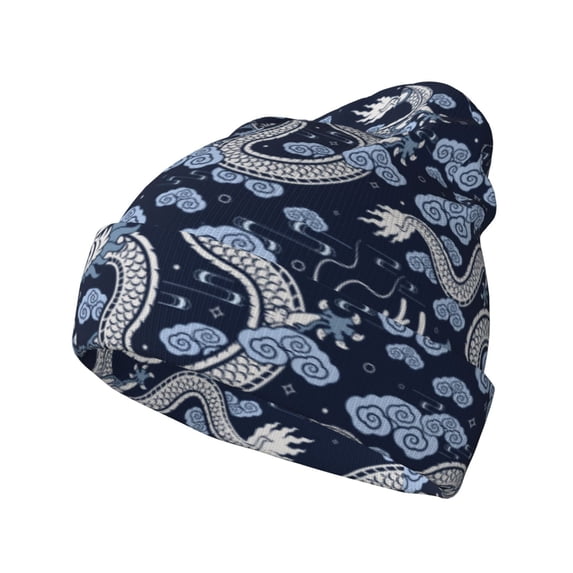 Yiaed Dragon Print Winter Beanie for Men Women, Fleece Lined Beanie Soft Warm Knit Hat Ski Stocking Cuffed Ca