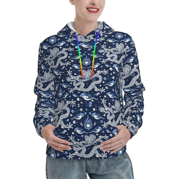Yiaed Dragon Print Womens Casual Hoodies Crew Neck Long Sleeve Sweatshirts With Pocket Pullover Tops Women's Hooded Sweatshirt-Large