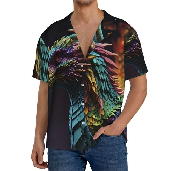 Yiaed Dragon with Colorful Tail Print Mens Casual Wrinkle Free Shirts Short Sleeve Button Down Summer Stretch Dress Shirt-Medium