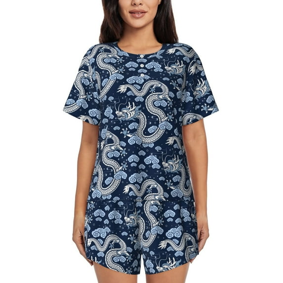 Yiaed Dragons Print Short Sleeve Pajama Sets for Women Casual Crew Neck 2 Piece Lounge Sets Women's Short-Sleeved Pajama-XX-Large