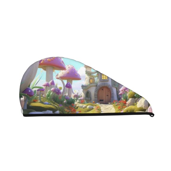Yiaed Dreamy Mushroom House Print Hair Cap with Button,Coral Fleece Hair Towel Wrap for Women Wet Hair,Quick Dry Turban for Wet Hair Long Thick Hair