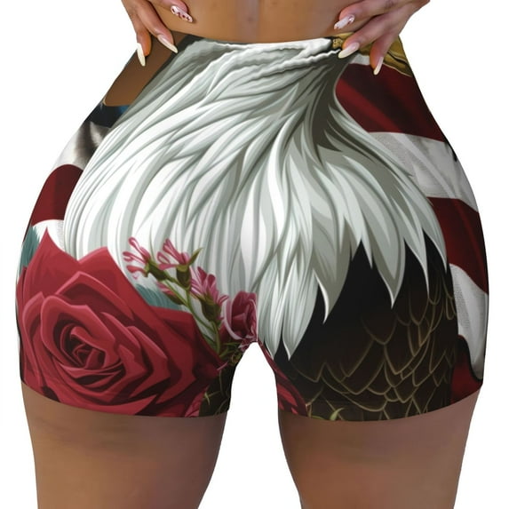 Yiaed Eagle With Hat And Roses Print Women's Athletic Shorts Running Shorts Sporty Short High Waisted Elastic Workout Shorts for Yoga Gym Running & Sports -Medium