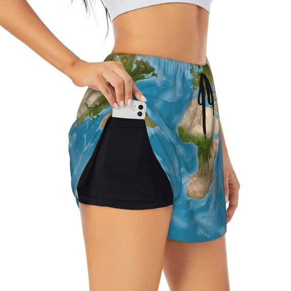 Yiaed Earth View World Map Print Women's Running Shorts with Liner 3 Zipper Pockets Elastic Workout Athletic Gym Yoga Shorts-XX-Large