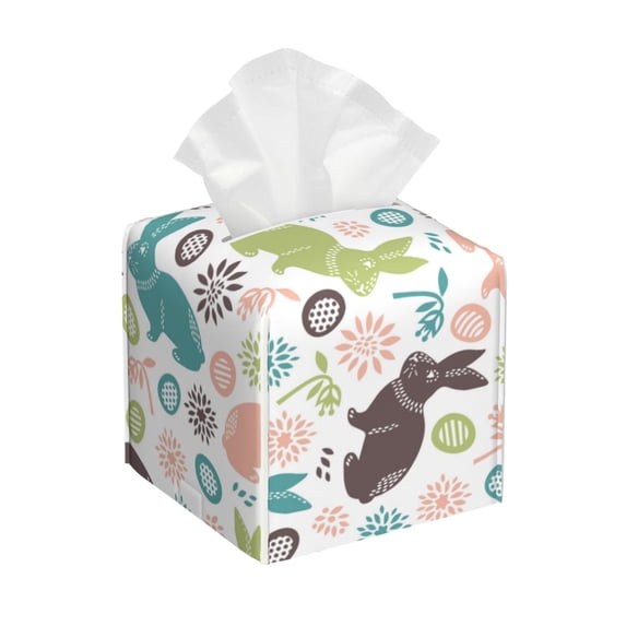 Yiaed Easter Rabbit Print Tissue Box Cover, PU Leather Decorative Organizer for Tabletop, Bathroom, Car, Office Creative Decorative