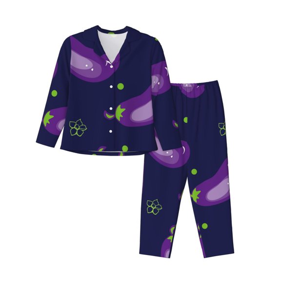 Yiaed Eggplant Print Pajamas Women's Long Sleeve Sleepwear Soft Button Down Loungewear Pjs Lounge Set Nightwear Womens Pajama Pants-Medium