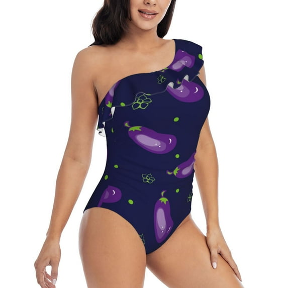 Yiaed Eggplant Print Women One Piece Swimsuits Tummy Control One Shoulder Bathing Suits Pattern Ruffle Swimwear-Small