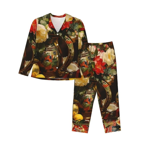 Yiaed Elegant Still Life Roses Print Pajamas Women's Long Sleeve Sleepwear Soft Button Down Loungewear Pjs Lounge Set Nightwear Womens Pajama Pants-X-Large