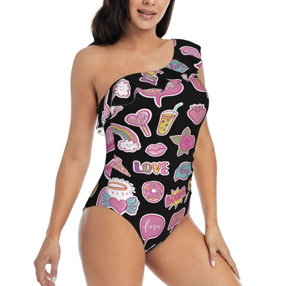 Yiaed Elements Print Women One Piece Swimsuits Tummy Control One Shoulder Bathing Suits Pattern Ruffle Swimwear-Medium