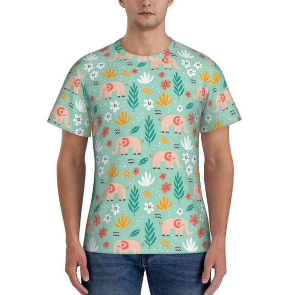 Yiaed Elephant and Flowers Print Mens Short Sleeve Tight Fit T-Shirt, Crewneck Casual Tee-Small