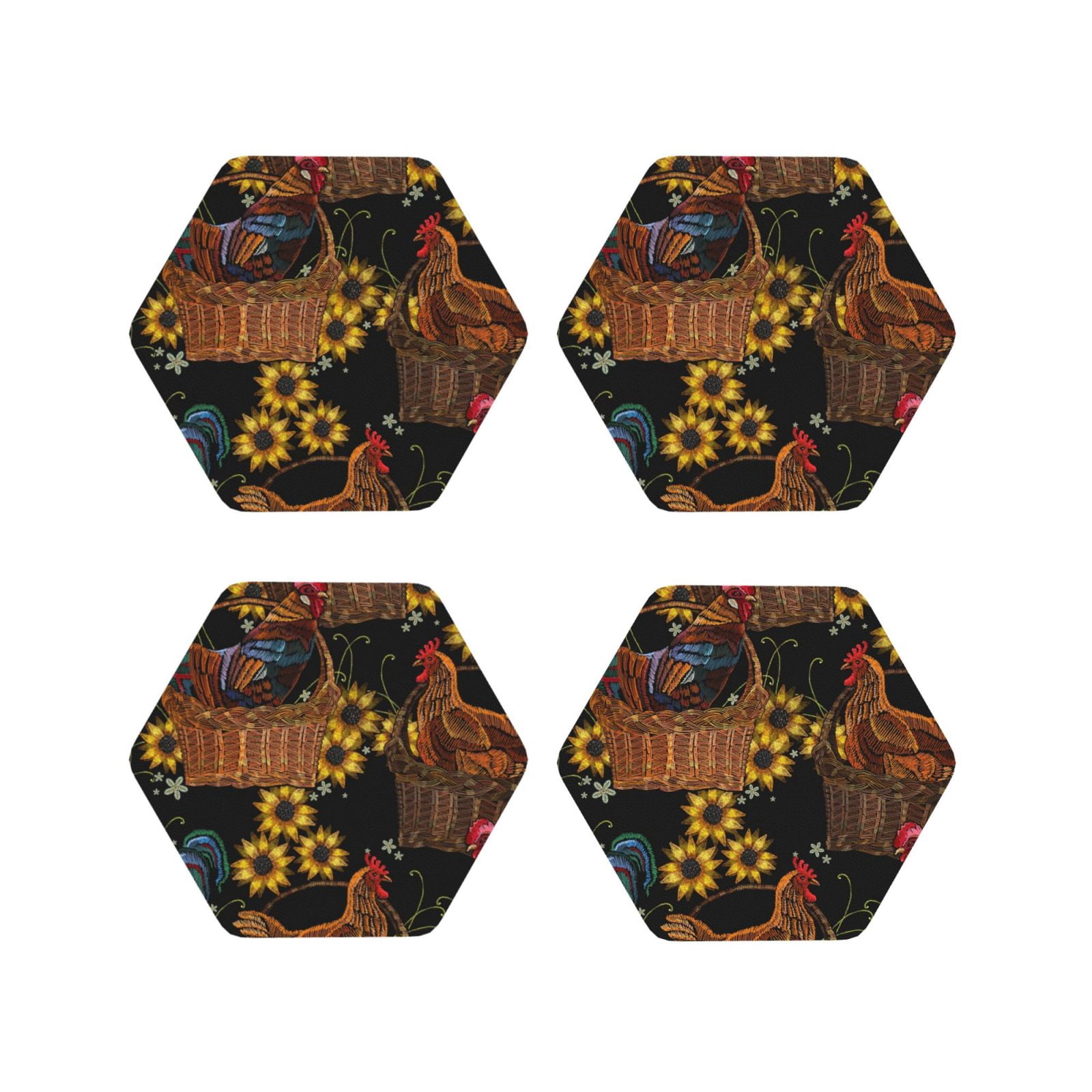Yiaed Embroidery Chicken Rooster Print Leather Coasters for Drinks ...