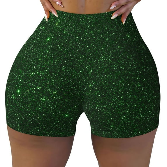Yiaed Emerald Green Sparkling Print Women's Athletic Shorts Running Shorts Sporty Short High Waisted Elastic Workout Shorts for Yoga Gym Running & Sports -Small
