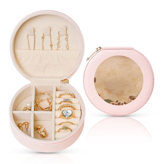 Yiaed Engraved Coffee On Kraft Paper Print Travel Jewelry Case Bridesmaid Gift Boxes Jewelry Travel Organizer Small Round Jewelry Box Mini Storage-Pink