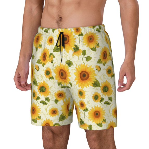 Yiaed European-style Pattern Sunflower Print Mens Swim Trunks Bathing Suit Compression Liner Beach Swim Shorts Swimwear Quick Dry Zipper Pocket No-Chafing Board Short-X-Large