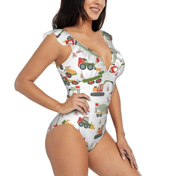 Yiaed Excavator Print Women's Ruffled One Piece Swimsuit V Neck Swimwear Slimming Monokini for Woman-Small