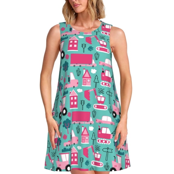 Yiaed Excavator Print Women's Sleeveless Dress, Loose Fit Summer Dress, Casual Sleeveless Dress for Women