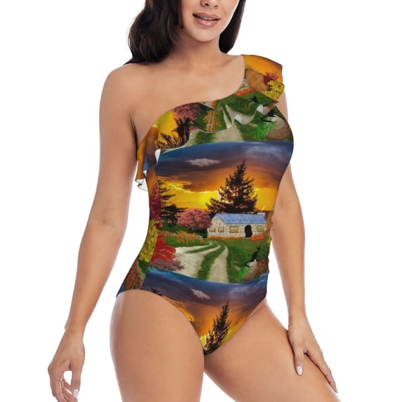 Yiaed Fall Village Scenery Print Women One Piece Swimsuits Tummy Control One Shoulder Bathing Suits Pattern Ruffle Swimwear-XX-Large