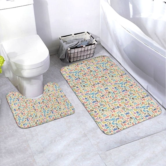 Yiaed Famous Places Print Bathroom Mat Set 2 Pieces Mat Anti-Skid Pad Ultra Soft and Absorbent Bathroom Bath Mat Contour Bath Rugs for Toilet Base