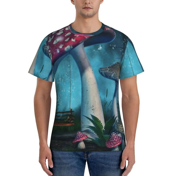 Yiaed Fantasy Mushrooms Print Mens Short Sleeve Tight Fit T-Shirt, Crewneck Casual Tee-Large