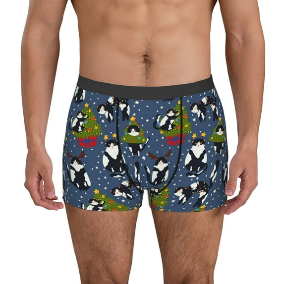 Yiaed Festive Cats and Trees Print Men's Soft Cotton Boxer Shorts Breathable Boxers Underwear Moisture-Wicking Underwear Stretch Boxer Briefs for Man-Large