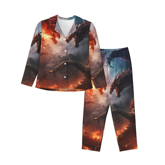 Yiaed Fire Sky Dragon Print Pajamas Women's Long Sleeve Sleepwear Soft Button Down Loungewear Pjs Lounge Set Nightwear Womens Pajama Pants-Small
