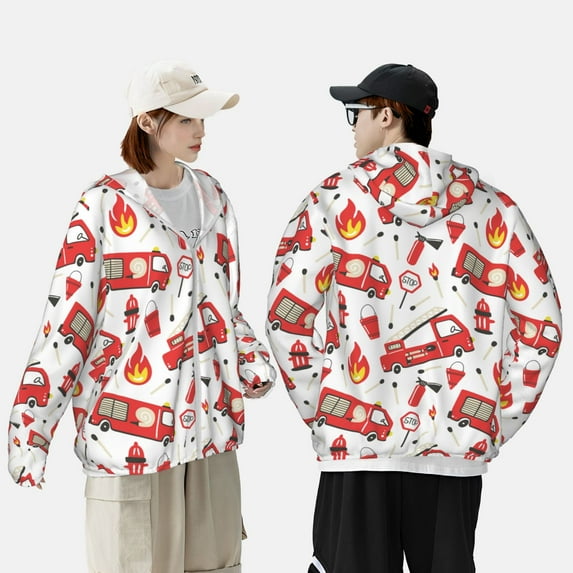 Yiaed Fire Truck Print Sun Shirts UPF 50+ Protection Hoodie Rash Guard Shirt UV Shirt Long Sleeve Fishing Outdoor Lightweightase-Large