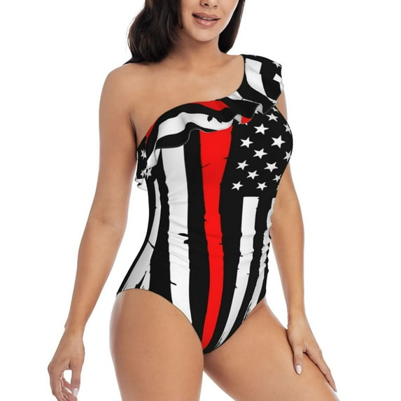 Yiaed Firefighters USA Flag Print Women One Piece Swimsuits Tummy Control One Shoulder Bathing Suits Pattern Ruffle Swimwear-Small
