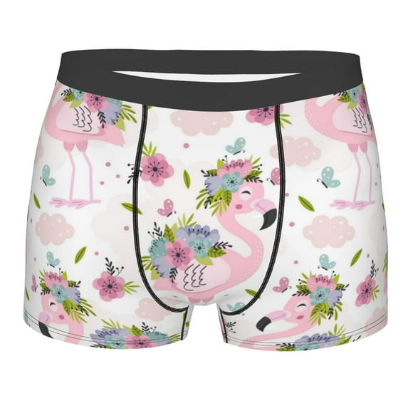 Yiaed Flamingo And Flowers Print Men's Soft Cotton Boxer Shorts Breathable Boxers Underwear Moisture-Wicking Underwear Stretch Boxer Briefs for Man-Large