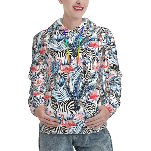 Yiaed Flamingo And Zebra Print Womens Casual Hoodies Crew Neck Long Sleeve Sweatshirts With Pocket Pullover Tops Women's Hooded Sweatshirt-X-Large