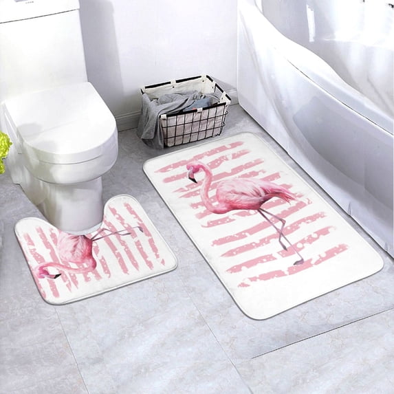 Yiaed Flamingo Print Bathroom Mat Set 2 Pieces Mat Anti-Skid Pad Ultra Soft and Absorbent Bathroom Bath Mat Contour Bath Rugs for Toilet Base