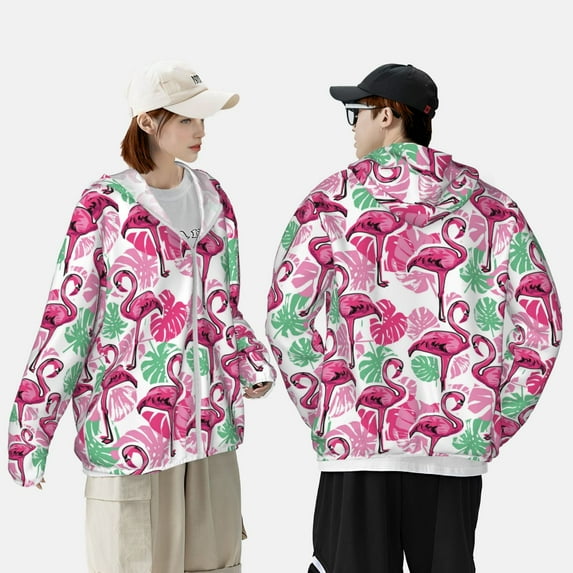 Yiaed Flamingo Print Sun Shirts UPF 50+ Protection Hoodie Rash Guard Shirt UV Shirt Long Sleeve Fishing Outdoor Lightweightase-Large