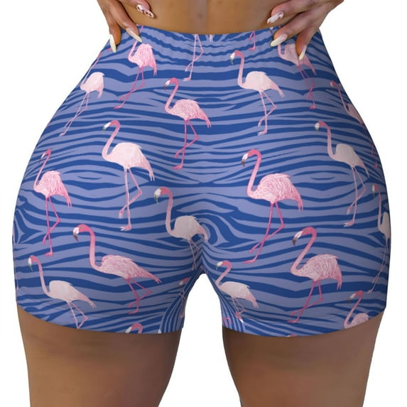Yiaed Flamingo Print Women's Athletic Shorts Running Shorts Sporty Short High Waisted Elastic Workout Shorts for Yoga Gym Running & Sports -Large