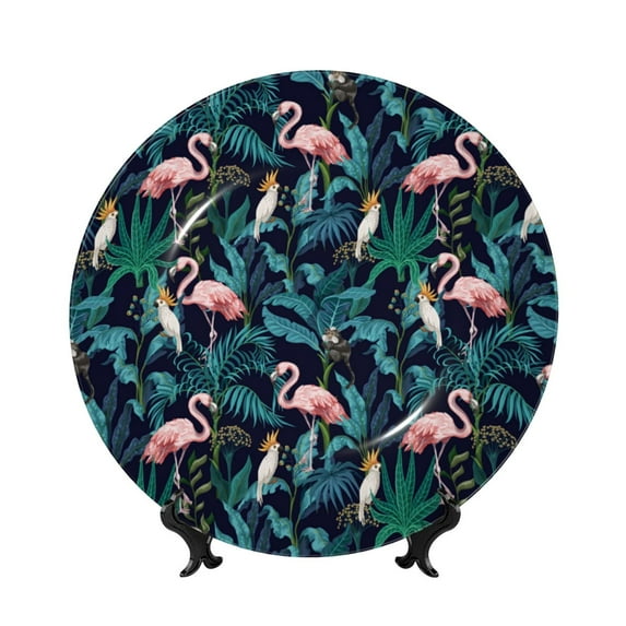Yiaed Flamingos And Birds Print Bone China Decorative Plate Ceramic Dinner Plates Art Crafts with Display Stand-7in
