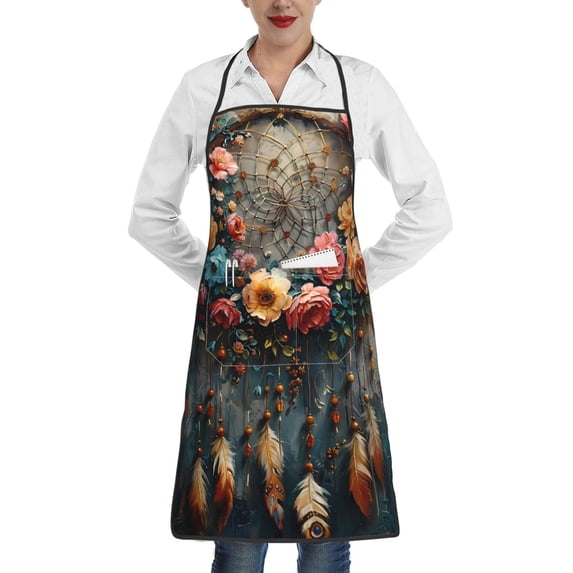 Yiaed Floral Dreamcatcher Elegance Print Kitchen Apron with Hand Wipe Pockets,Big Pocket,Aprons for Women with Pockets, Waterproof for Cooking Baking