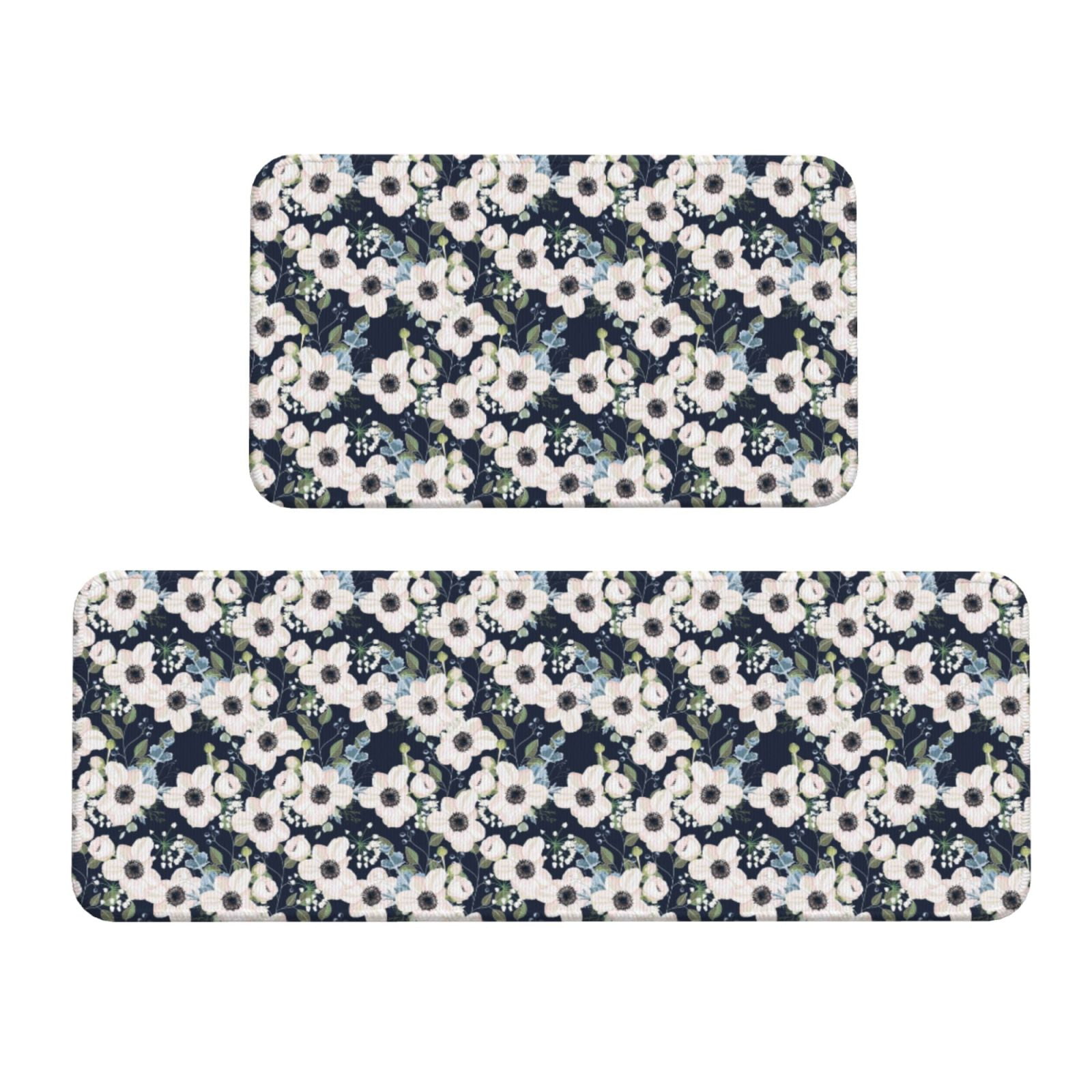 Yiaed Floral Flowers Blue Kitchen Rugs Sets of 2 Kitchen Mats Cushioned ...