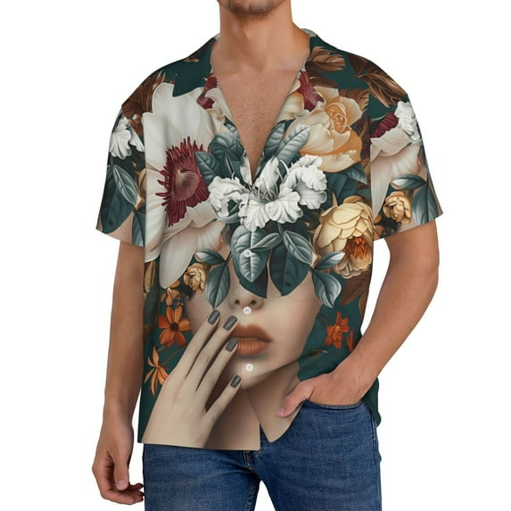 Yiaed Floral Head Dreamscape Print Mens Casual Wrinkle Free Shirts Short Sleeve Button Down Summer Stretch Dress Shirt-3X-Large