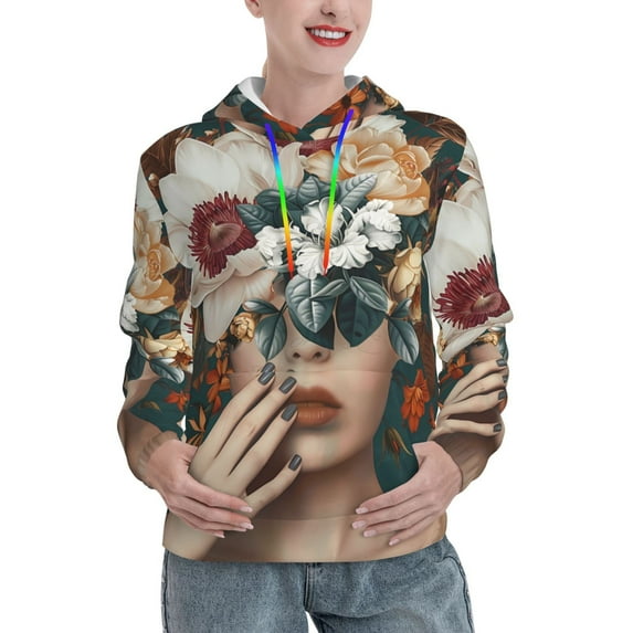 Yiaed Floral Head Dreamscape Print Womens Casual Hoodies Crew Neck Long Sleeve Sweatshirts With Pocket Pullover Tops Women's Hooded Sweatshirt-Small