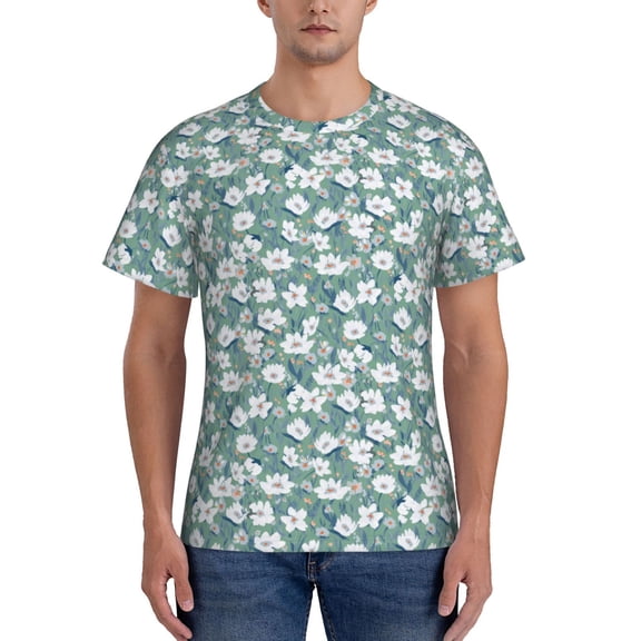 Yiaed Floral Print Mens Short Sleeve Tight Fit T-Shirt, Crewneck Casual Tee-Medium