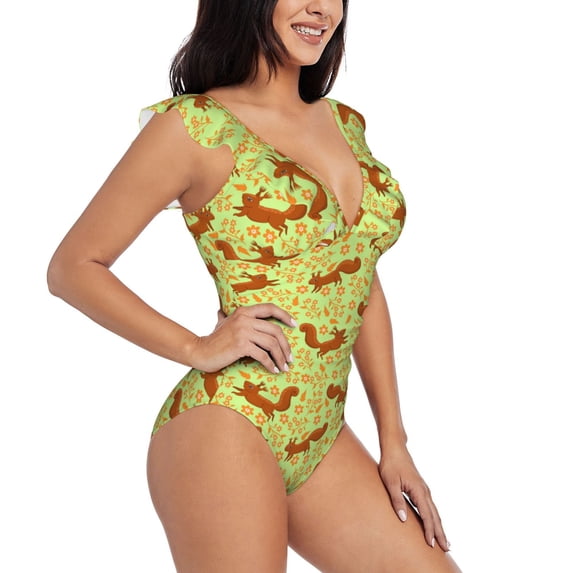 Yiaed Floral Squirrel Print Women's Ruffled One Piece Swimsuit V Neck Swimwear Slimming Monokini for Woman-XX-Large