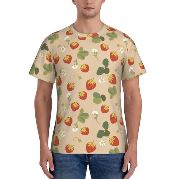 Yiaed Floral Strawberr Print Mens Short Sleeve Tight Fit T-Shirt, Crewneck Casual Tee-X-Large