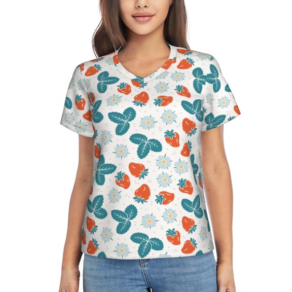 Yiaed Floral Strawberr Print Women's T Shirt V-Neck Short Sleeve Shirt Casual Breathable Tee Summer Tops-XX-Large