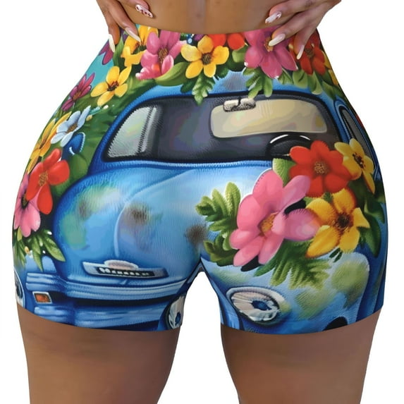 Yiaed Floral Truck Welcome Print Women's Athletic Shorts Running Shorts Sporty Short High Waisted Elastic Workout Shorts for Yoga Gym Running & Sports -Medium