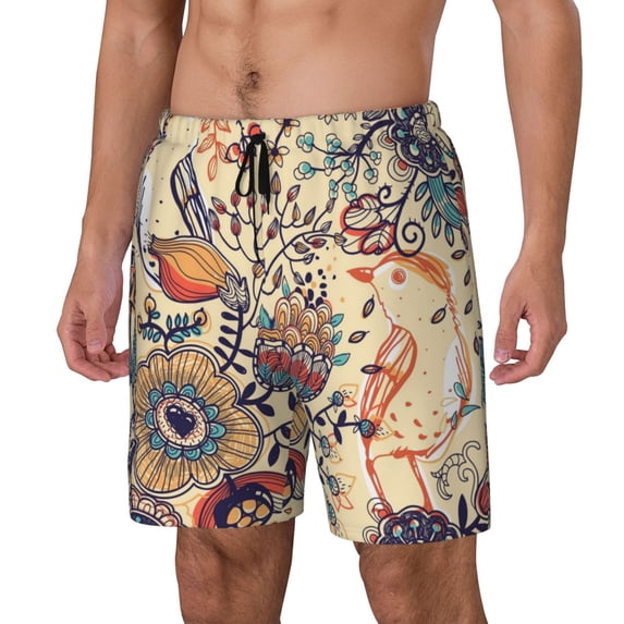 Yiaed Floral With Birds And Fantasy Flowers Print Mens Swim Trunks Bathing Suit Compression Liner Beach Swim Shorts Swimwear Quick Dry Zipper Pocket No-Chafing Board Short-Small