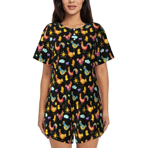 Yiaed Flowe Rooster Print Short Sleeve Pajama Sets for Women Casual Crew Neck 2 Piece Lounge Sets Women's Short-Sleeved Pajama-Large