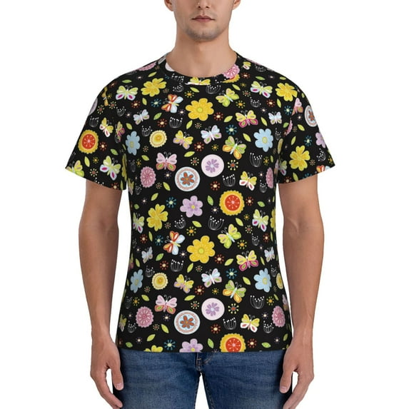 Yiaed Flower Butterfly Print Mens Short Sleeve Tight Fit T-Shirt, Crewneck Casual Tee-3X-Large