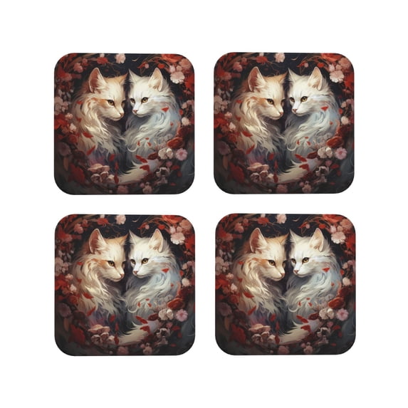 Yiaed Flower Cat Couple Print Leather Coasters for Drinks - Cup Coasters Coffee Table Kitchen Table Bar, Home & Office Gifts Handmade Drink Coasters-Square