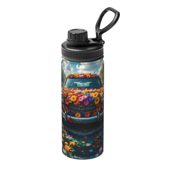Yiaed Flower Covered Vintage Car Print Sports Insulated Kettle Bottle Reusable Stainless Steel Insulated Cup, Outdoor Portable Casual Stainless Steel Insulation Cup